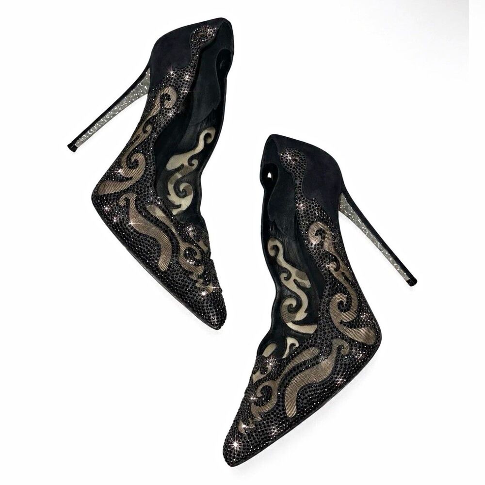 René Caovilla Black Rhinestone Embellished Mesh Pointed Toe Stiletto Heels 39.5